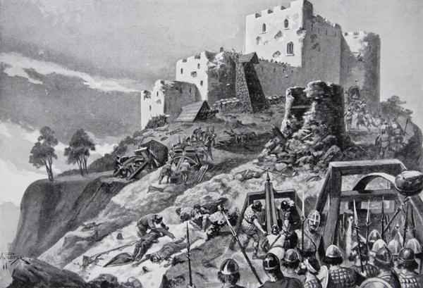 The Welsh attack on Montgomery Castle in 1095 led by Cadwgan ap Bleddyn, Prince of Powys, illustration from the book The History of the Nation