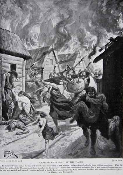 Canterbury Burned by the Danes, 851 AD, illustration from Hutchinsons Story of the British Nation, c.1920