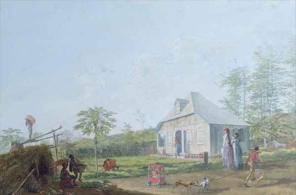 Colonial children playing outside the house in the Reunion Island, 1793