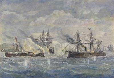 Naval Combat beween the Peruvian Ship Huascar against the Chilean Blanco Encalada and the Cochrane in 1879