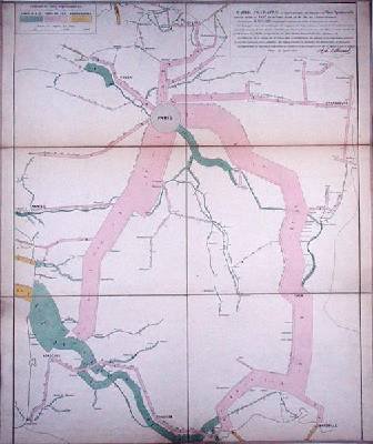 Map representing the approximate tonnage of wines and spirits in circulation in France in 1857 by water and by railway 1860