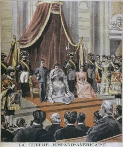 Spanish American war in Spain the Queen reading her message to the Cortes Madrid illustration from Le Petit Journal Supplement illustre 8th May 1898