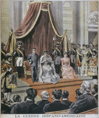 Spanish American war in Spain the Queen reading her message to the Cortes Madrid illustration from Le Petit Journal Supplement illustre 8th May 1898