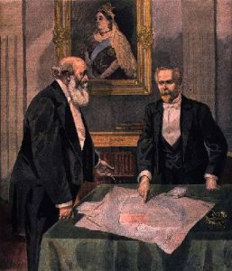 Anglo French Convention signed in London by Paul Cambon 1843-1924 the French Ambassador and Lord Salisbury 1830-1904 the British Prime Minister from Le Petit Journal 9th April 1899