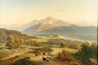 Drover on Horseback with his Cattle in a Mountainous Landscape with Schloss Anif, Salzburg beyond 1870
