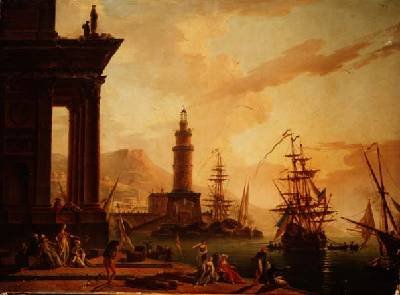 Capriccio of a Mediterranean harbour with a Dutch frigate and other shipping