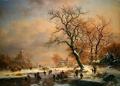 Frozen winter landscape with skaters