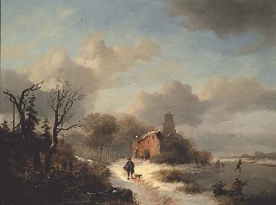 Winter landscape with peasant and figures on ice