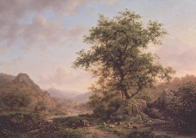 Wooded landscape with peasants and animals on path