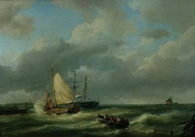 Estuary with fishing vessel and rowing boat