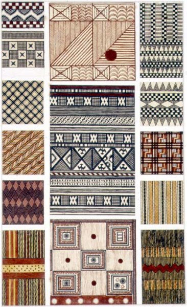 Melanesian and Polynesian bark fabric designs original illustration for The Grammar of Ornament