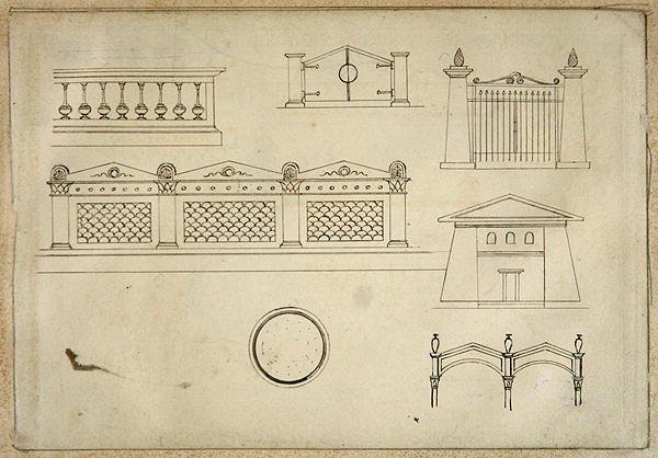 Designs for Gates Walls and Balustrade from Twenty one pen drawings of Decorative Details in Antique Style