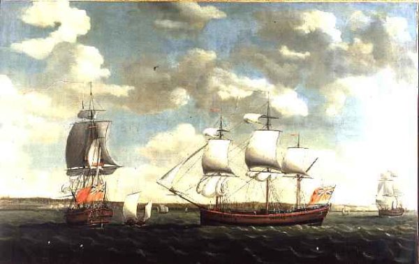 Portrait of an East Indiaman in three positions off Portsmouth