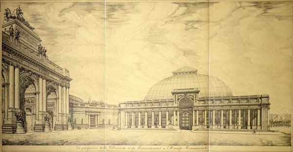 The Triumphal Arch and one of the semicircular colonnaded wings of the Palais du Cinquantenaire