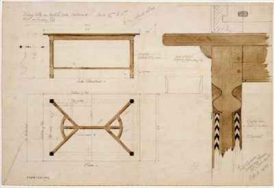 Design for a dining table in English oak darkened with a hayrake stretcher