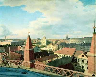 View of the city of Berlin with Altes Museum and Cathedrale from the roof of the Church of Friedrichswerder
