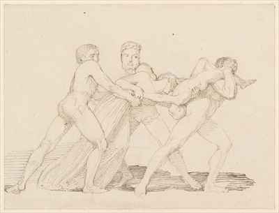 Three men attempting to tear a child from a woman