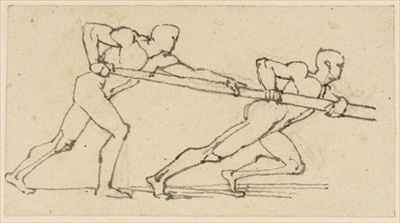 Two Male Figures pushing a Pole to the Right