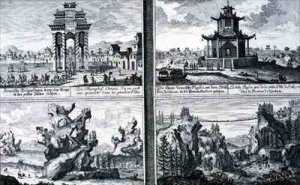Four Views showing a Chinese Triumphal Arch a Pagoda at Sinkicien in the Province of Xantum Artificial Mountains and Caves and a Chain Bridge near the town of Kingtung China