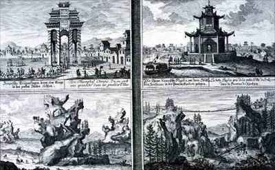 Four Views showing a Chinese Triumphal Arch a Pagoda at Sinkicien in the Province of Xantum Artificial Mountains and Caves and a Chain Bridge near the town of Kingtung China