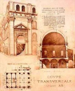 Plan Cross Section and Elevation of the Loggia or Palazzo del Commune Brescia Italy