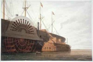 The Old Frigate HMS Agamemnon with her weight of cable alongside the SS Great Eastern