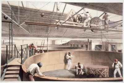 Coiling the telegraph cable in the tanks at the works in Greenwich