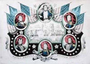 Battle of Lake Erie with portraits of US Naval heroes