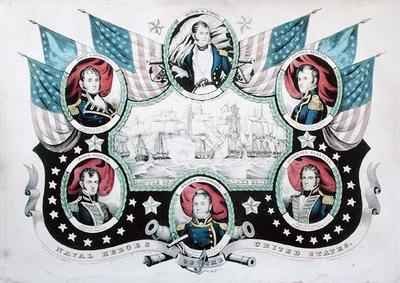 Battle of Lake Erie with portraits of US Naval heroes