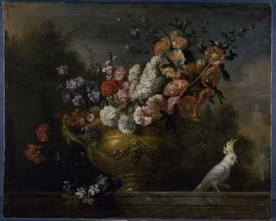 Still life with flowers in an urn, with a cockatoo, on a ledge