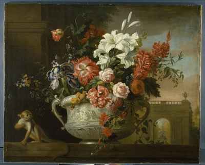 Still life with flowers in an urn, with a monkey, on a ledge