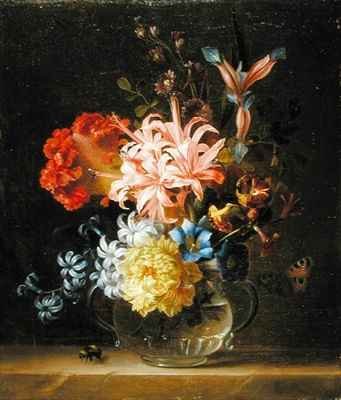 Still Life of Flowers in a Glass Vase, with a Bumble Bee and a Butterfly