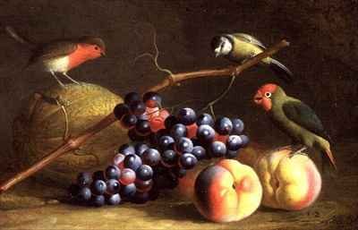 Three Birds with Peaches, Grapes and a Melon