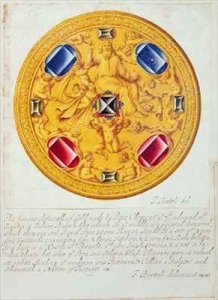 Front view of a pectoral ornament of gold and jewels made for Pope Clement VII by Cellini in c.1523-34