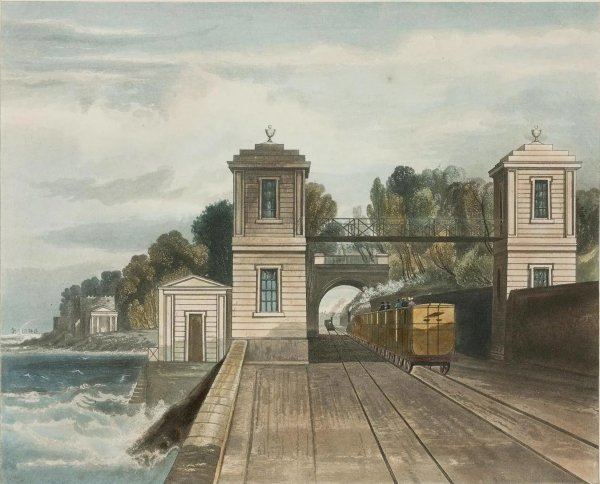 Dublin and Kingstown Railway Granite Pavilions and Tunnel Entrance at Lord Cloncurrys Demesne of Maratimo near Blackrock Kingstown Harbour in the Distance