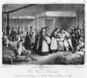 Sister Victoire Darras tending the cholera victims at the Hotel-Dieu of Chauny, 1832