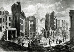 Construction of the Boulevard de Sebastopol now the Boulevard du Palais, in the Second Empire. View of the demolition of the Rue de la Barillerie in 1859, pub. by Henry Duff Linton 1815-99