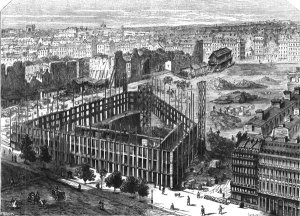 Transformation of Paris- Building in 1861, between the streets Neuve-des-Mathurins, Chaussee-dAntin and boulevard des Capucines, location for the new Opera and building of the Hotel de la Paix, engraved by Predhomme fl.1840