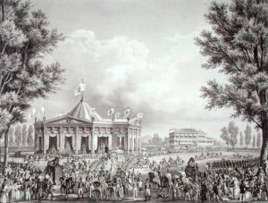 Procession passing the Pavilion erected for the Occasion of the Coronation of Ferdinand I 1793-1875, 1st September 1838, engraved by Falckeisen, from Incoronazione de SMIRA Ferdinando I, il Re del Regno Lombard-Veneto, published 1838