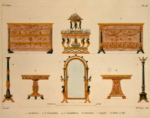 Furniture designs, engraved by Mme Soyer, plate 48 from Modeles de Meubles et de decorations interieures pur les meubles, published 1828-41