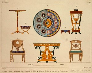 Furniture designs, engraved by Mme Soyer, plate 37 from Modeles de Meubles et de decorations interieures pur les meubles, published 1828-41