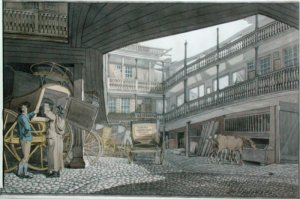 View of the Yard at the Spread Eagle, Gracechurch Street, with Coaches and Horses Feeding, 1814