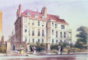 Entrance to Queen Square from the Park, with a view of Jeremy Benthams House, 1851
