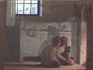 Study of children by a fire, possibly from The Bluebird by Maeterlinck, 1911