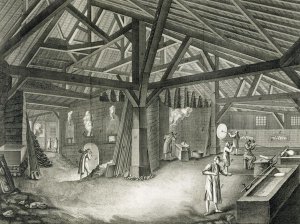 Glassmaking factory, from the Encyclopedia by Denis Diderot (1713-84), engraved by Robert Benard b.1734, published c.1770