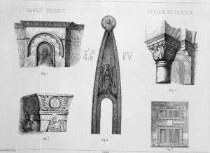 Capitals and architectural details from the narthex of Kahrije Dzamissi, the Church of the Saviour, from Church Architecture of Constantinople, pub. by Lehmann and Wentzel of Vienna, c.1870-80