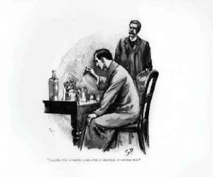 Holmes was Working Hard Over a Chemical Investigation, illustration for The Naval Treaty, by Arthur Conan Doyle 1859-1930, published in Strand Magazine, October and November 1893