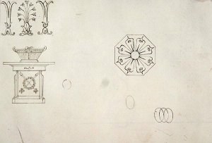 Design for moulded work decoration from Twenty one pen drawings of Decorative Details in Antique Style