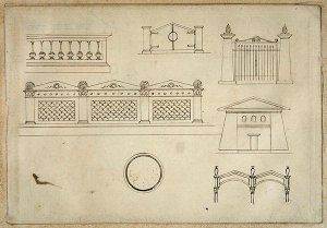 Designs for Gates Walls and Balustrade from Twenty one pen drawings of Decorative Details in Antique Style