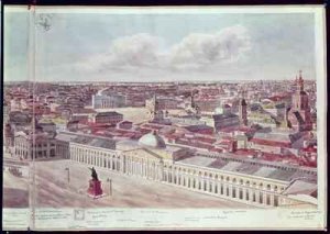 Panorama of Moscow depicting the department store Gum and the Bolshoi Theatre in Red Square